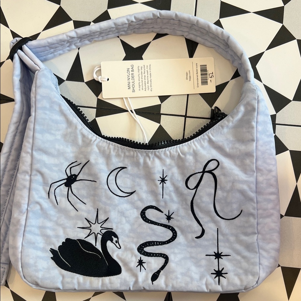 BAGGU Light Blue Shoulder Bag with Black Designs